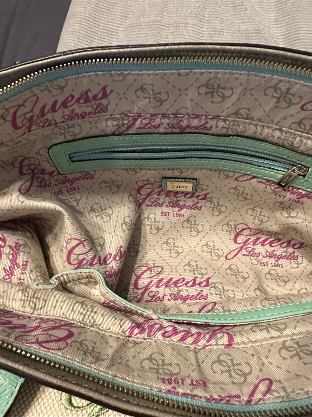 Guess Canvas Tote in Cream with Mint Trim - Picture 9 of 14